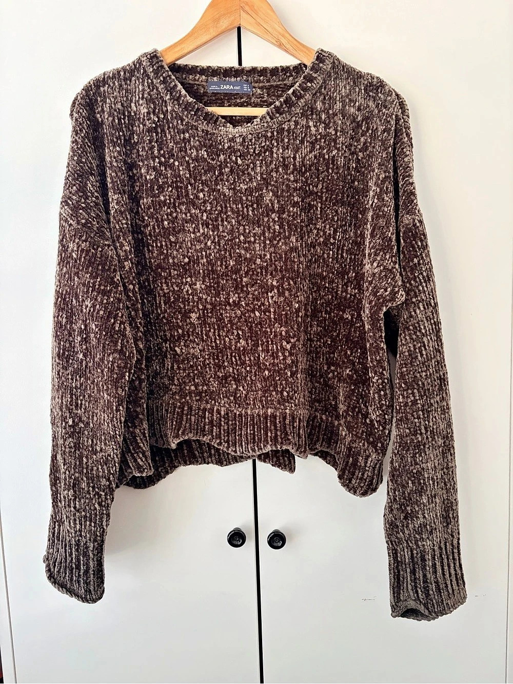 Zara Chenille Knit Crewneck oversized Sweater in Brown Size Small
